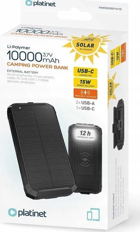 Išorinė baterija POWER BANK Platinet SOLAR 10000mAh (2xUSB; 1xUSB-C; 3A) juoda