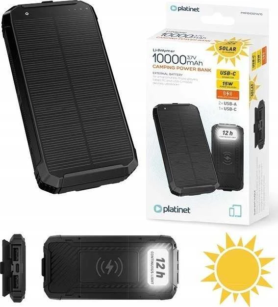 Išorinė baterija POWER BANK Platinet SOLAR 10000mAh (2xUSB; 1xUSB-C; 3A) juoda