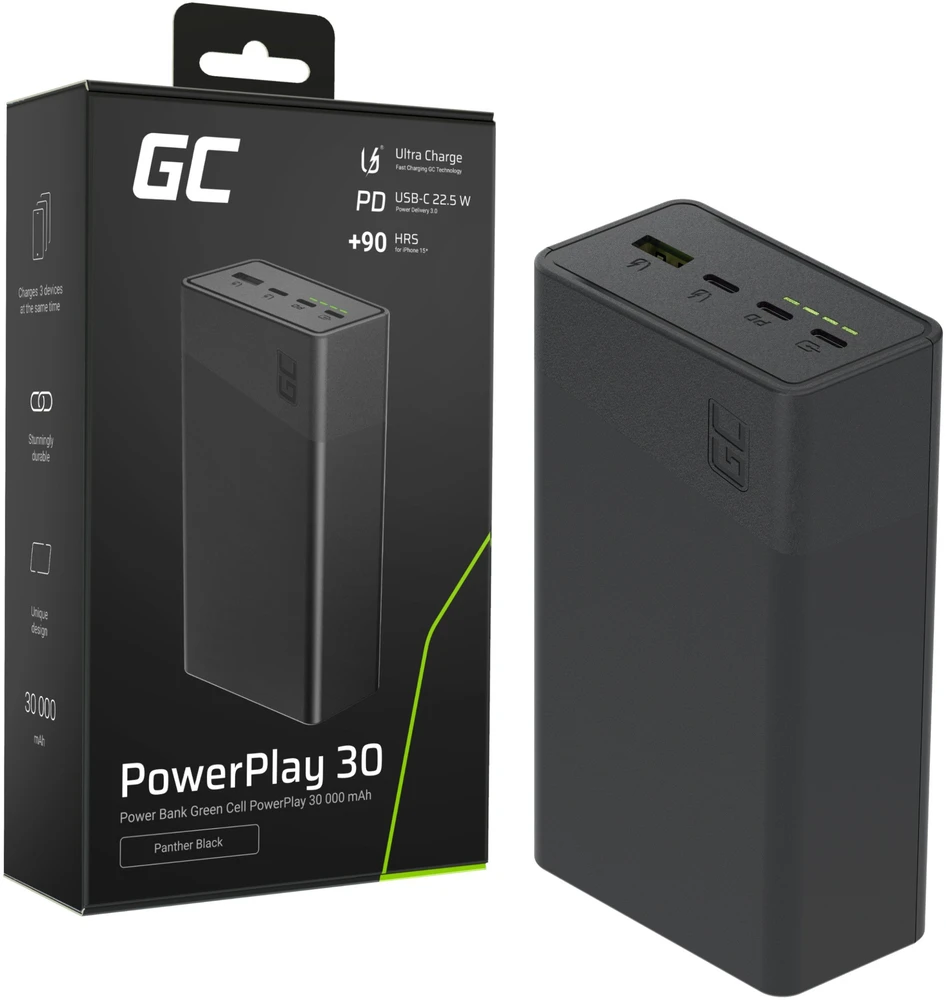 Green Cell Žalias Cell Greencell PowerPlay 30 – juoda išorinė baterija su 30 000 mAh, 22.5 W, 4 prievadais