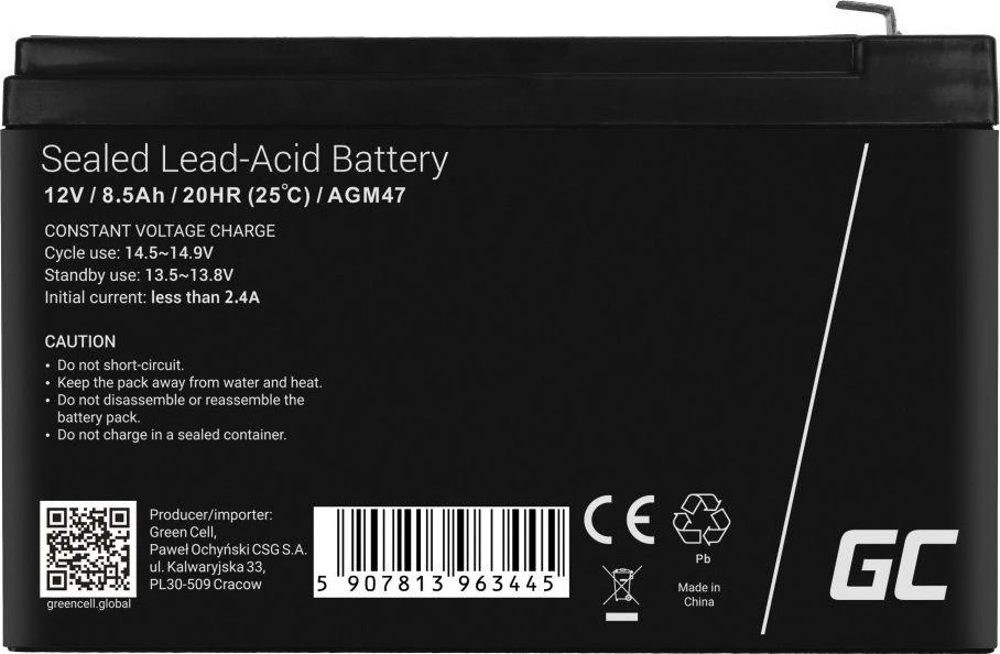 Green Cell 12V 8.5Ah AGM akumuliatorius – specifikacijų etiketė
