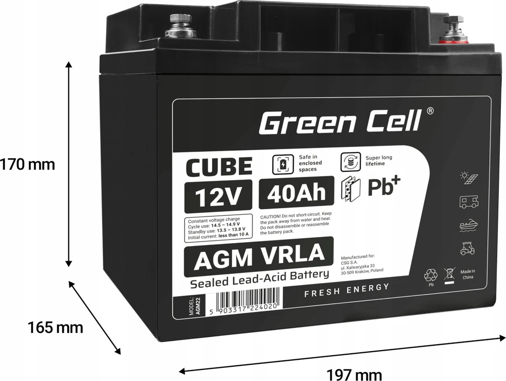 Green Cell Žalias Cell Žalias Cell CUBE AGM IP54 12V 40Ah VRLA Baterija Gel gilaus ciklo motoroleris vejapjovė valtis barža vejapjovė traktorius žvejybos laivas