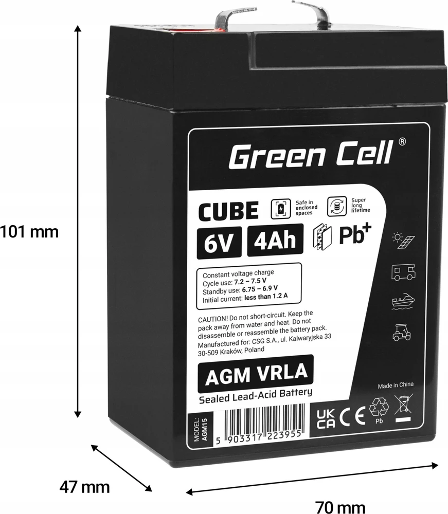 Green Cell Žalias Cell Žalias Cell Cube AGM VRLA IP54 6V 4Ah Nereikalaujantis priežiūros kasos aparato signalizacijos sistemos žaislų akumuliatorius