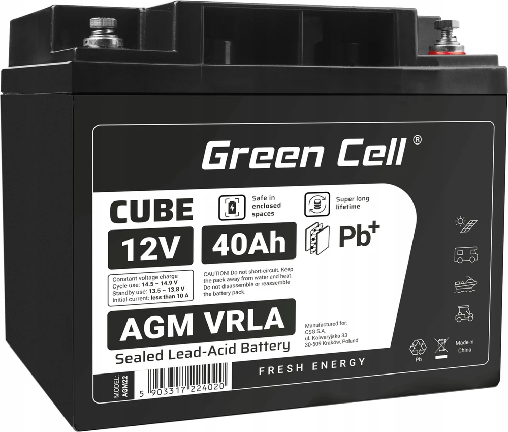 Green Cell Žalias Cell Žalias Cell CUBE AGM IP54 12V 40Ah VRLA Baterija Gel gilaus ciklo motoroleris vejapjovė valtis barža vejapjovė traktorius žvejybos laivas