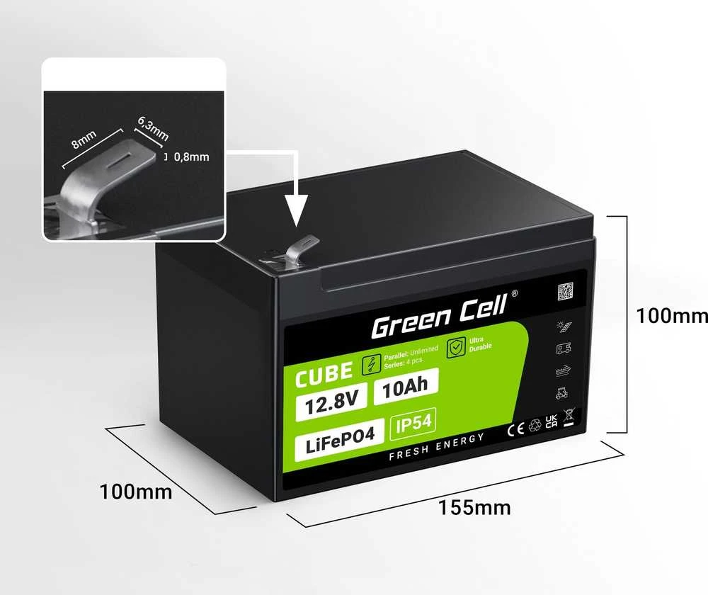 Žalias Cell Žalias Cell CUBE LiFePO4 10Ah 12.8V 128Wh ličio-geležies fosfato baterija, skirta maitinimui ir avariniam apšvietimui, valdymo pultai