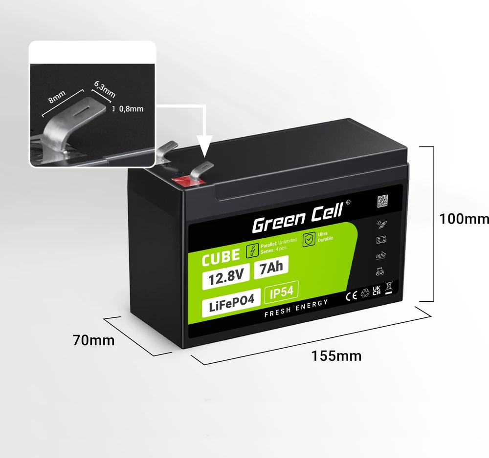 Žalias Cell Žalias Cell CUBE LiFePO4 7Ah 12.8V 89.6Wh ličio geležies fosfato baterija UPS, stebėjimas