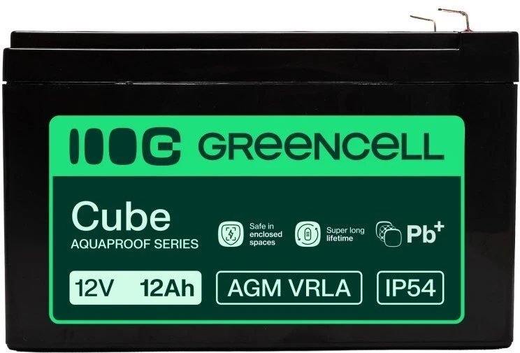 Green Cell Žalias Cell „Greencell AGM VRLA 12V 12Ah“ akumuliatorius kasos aparatams, žaislams, kameroms (151x98,5x95mm)