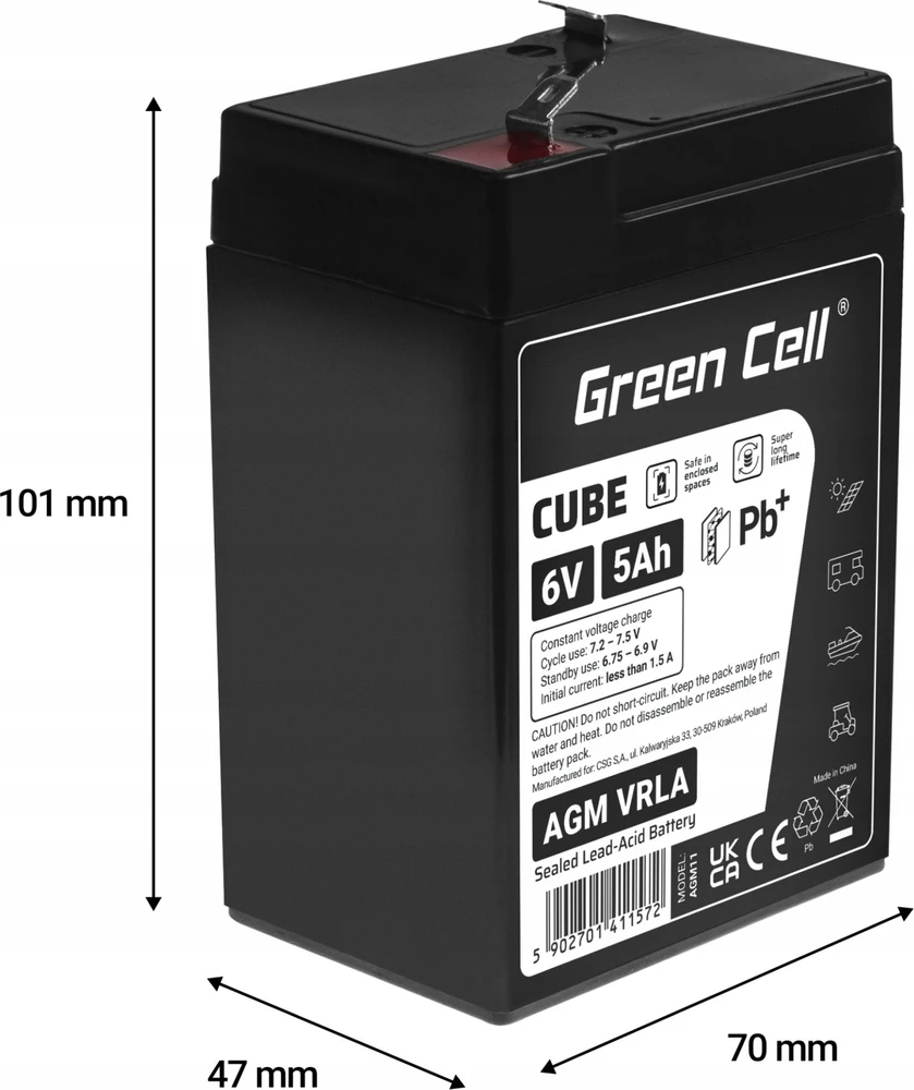 Green Cell Žalias Cell Žalias Cell CUBE AGM IP54 6V 5Ah VRLA Baterija Gel gilaus ciklo žaislai vaikų signalizacijos sistemoms