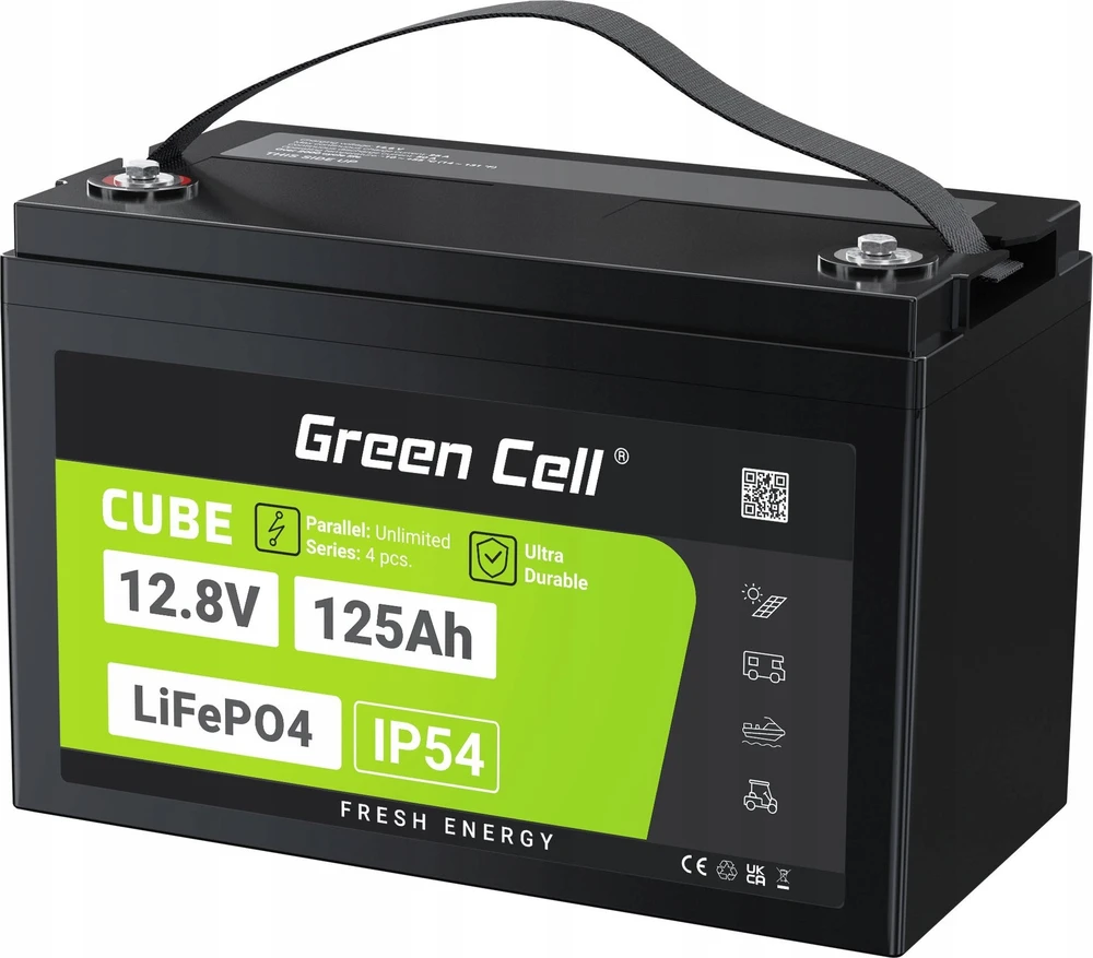Green Cell Žalias Cell CUBE LiFePO4 125Ah 12,8V 1600Wh ličio geležies fosfato baterija kemperiui, saulės energijai, neprijungtai prie tinklo, laivui