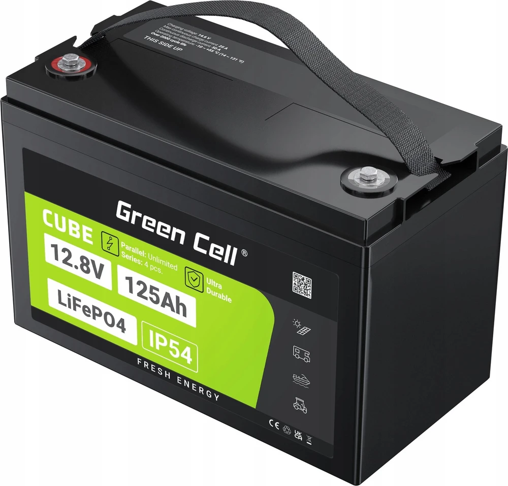 Green Cell Žalias Cell CUBE LiFePO4 125Ah 12,8V 1600Wh ličio geležies fosfato baterija kemperiui, saulės energijai, neprijungtai prie tinklo, laivui
