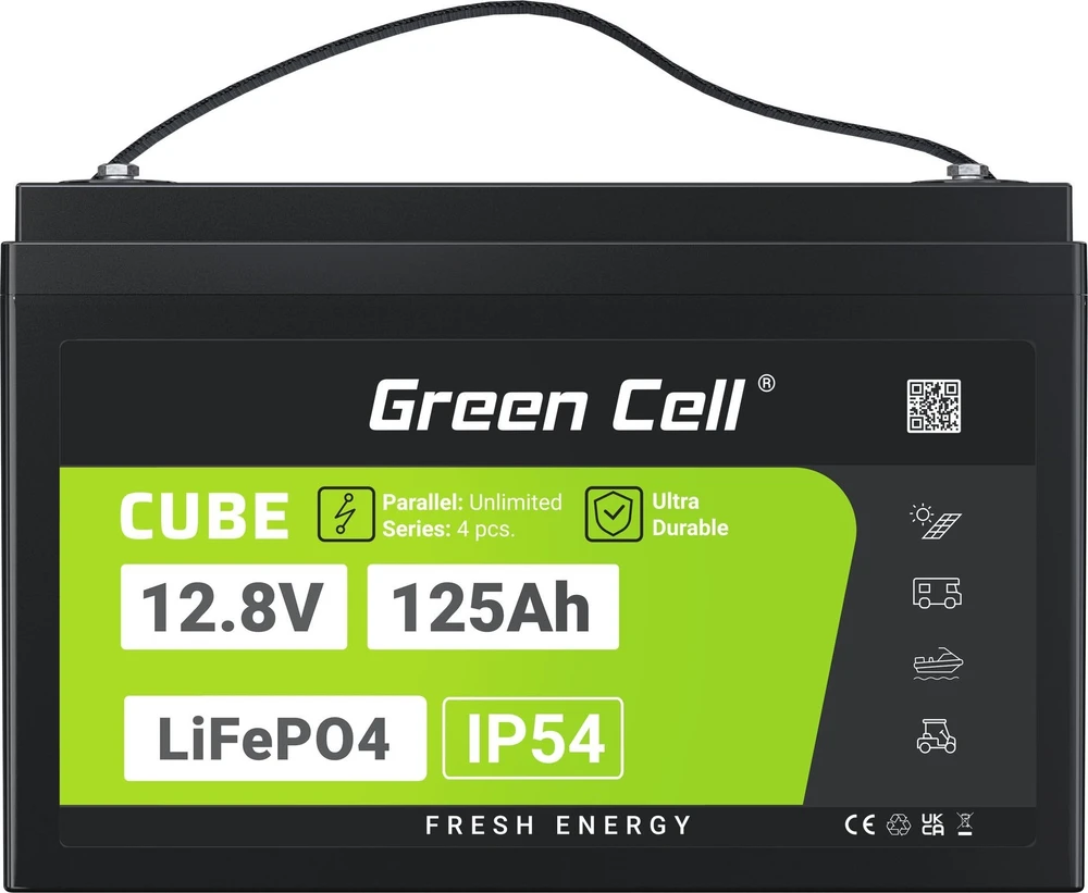 Green Cell Žalias Cell CUBE LiFePO4 125Ah 12,8V 1600Wh ličio geležies fosfato baterija kemperiui, saulės energijai, neprijungtai prie tinklo, laivui