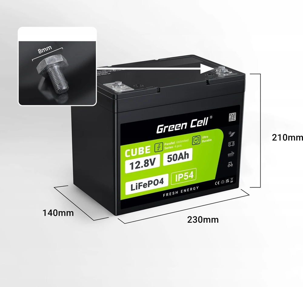Green Cell Žalias Cell Žalias Cell CUBE LiFePO4 50Ah 12.8V 640Wh ličio geležies fosfato baterija kemperiui, golfo vežimėliui, vėjo jėgainei