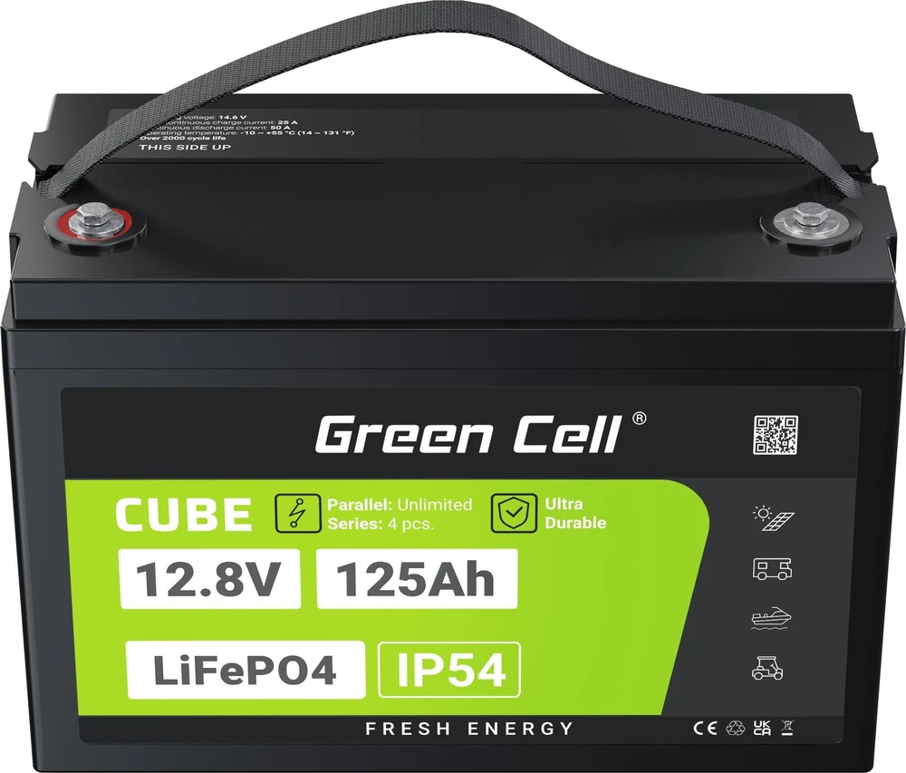 Green Cell Žalias Cell CUBE LiFePO4 125Ah 12,8V 1600Wh ličio geležies fosfato baterija kemperiui, saulės energijai, neprijungtai prie tinklo, laivui