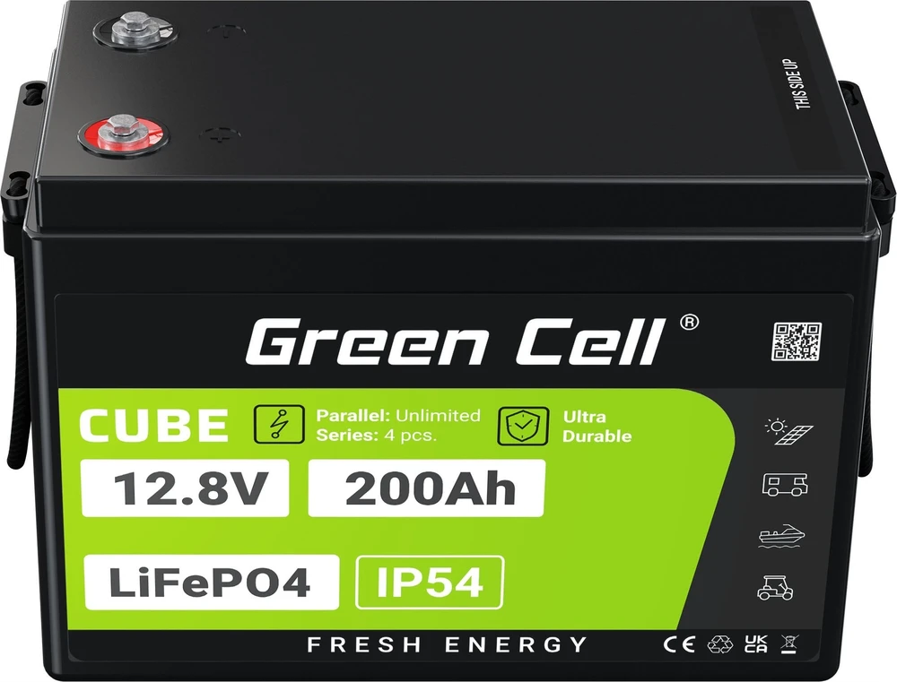 Green Cell Žalias Cell CUBE Akumuliatorius LiFePO4 200Ah 12.8V 2560Wh Ličio-geležies-fosfato akumuliatorius kemperiams, saulės baterijoms, maisto sunkvežimiams