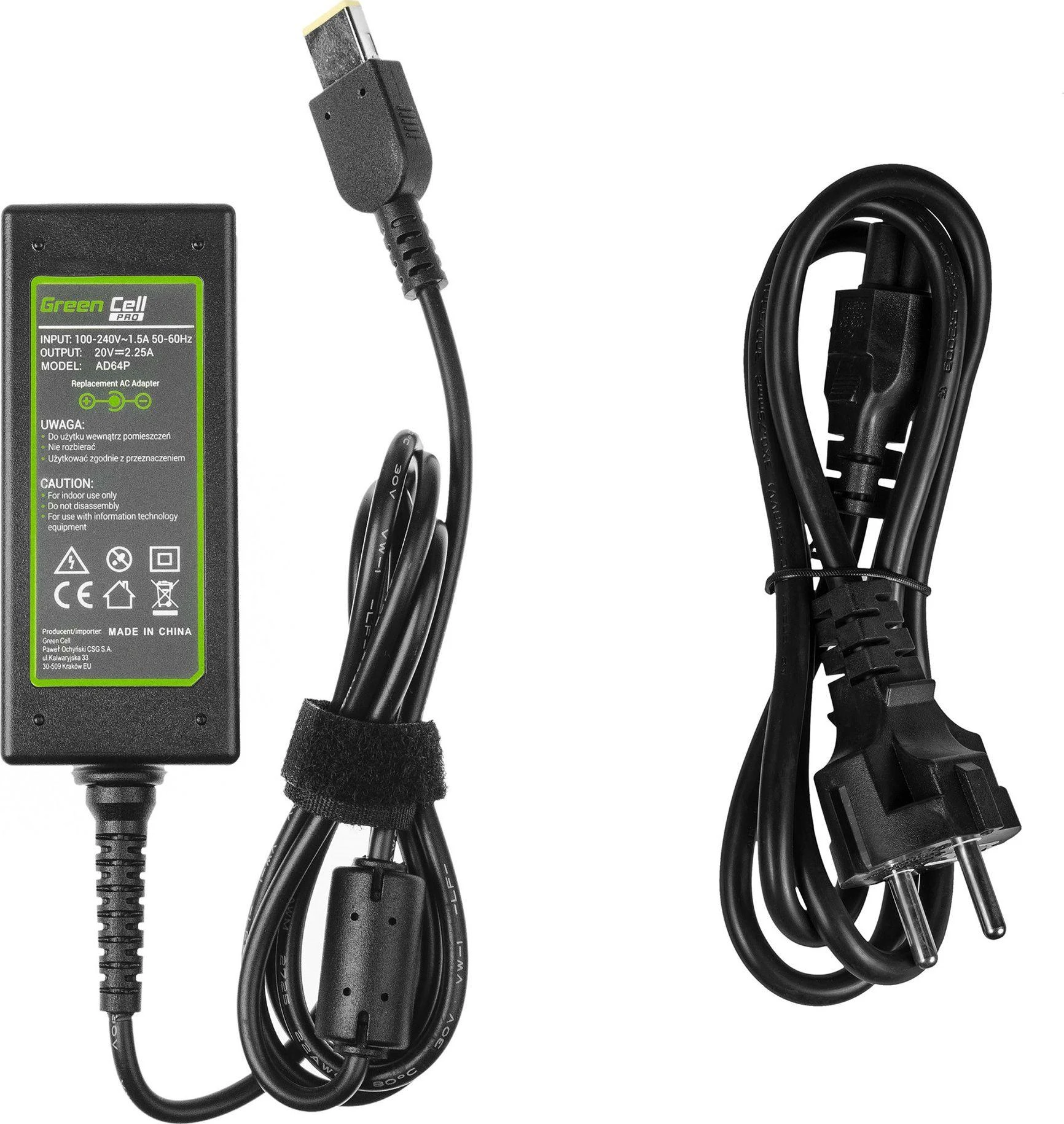 GREENCELL AD64P įkroviklis / kintamosios srovės adapteris Žalias Cell for Lenovo 20V 2.25A 45W Slim Tip