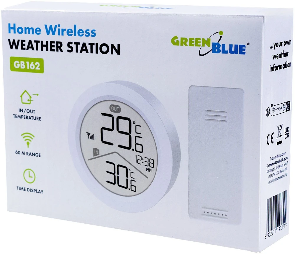 „GreenBlue“ belaidė meteorologinė stotelė, įėjimo/išėjimo temperatūra, laikrodis, °C/°F pasirinkimas, veikimo nuotolis iki 60 m, GB162