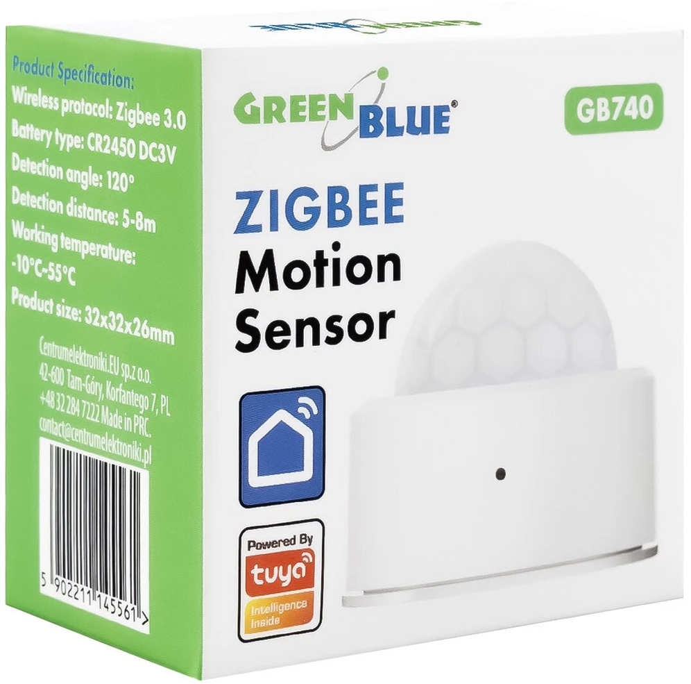 Bezprzewodowy „Tuya GreenBlue“ belaidis „Zigbee“ judesio jutiklis, „Android“ / „iOS“, CR2450 DC 3.0V, 120° aptikimo diapazonas / iki 8 m, GB740