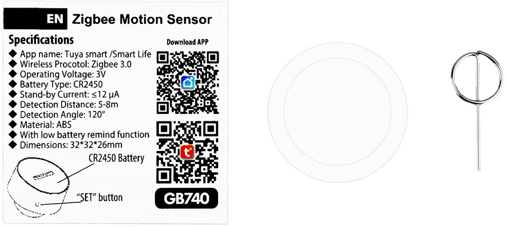Bezprzewodowy „Tuya GreenBlue“ belaidis „Zigbee“ judesio jutiklis, „Android“ / „iOS“, CR2450 DC 3.0V, 120° aptikimo diapazonas / iki 8 m, GB740