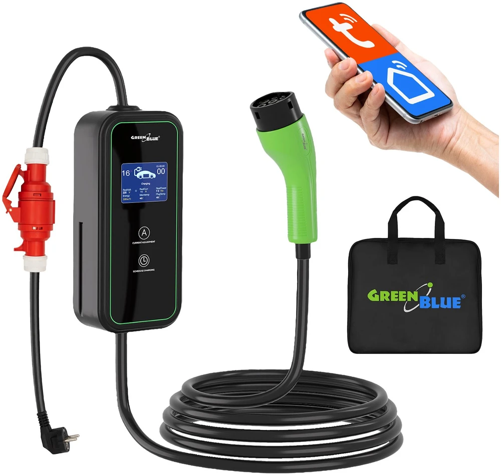 Įkroviklis EV / PHEV GreenBlue, nešiojamas, 2 tipo, laido ilgis 680 cm, IP65, 11 kW, 220–380 V AC 50/60 Hz, 16 A, 3 fazės, GB1100