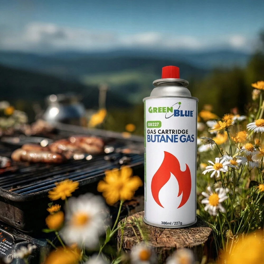 Kartusz „GreenBlue“ 227 g dujų balionėlis. Sertifikatas: Pi 0875, atitinka EN417, butanas, veikimo diapazonas nuo -10 °C iki + 40 °C, GB227