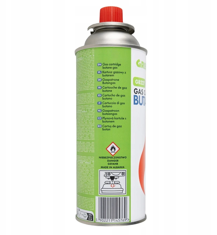 Kartusz „GreenBlue“ 227 g dujų balionėlis. Sertifikatas: Pi 0875, atitinka EN417, butanas, veikimo diapazonas nuo -10 °C iki + 40 °C, GB227