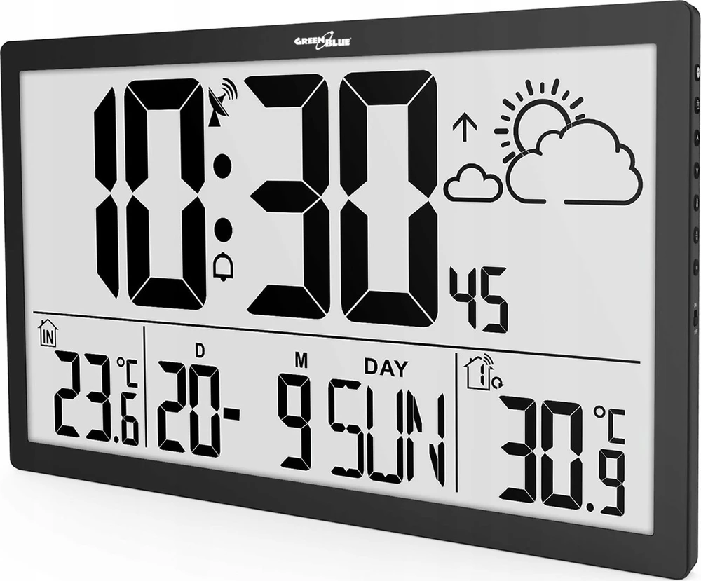 GreenBlue GB218 Extra Large LCD Sieninis laikrodis with Orų stotelė Temperature and Date Ekranas