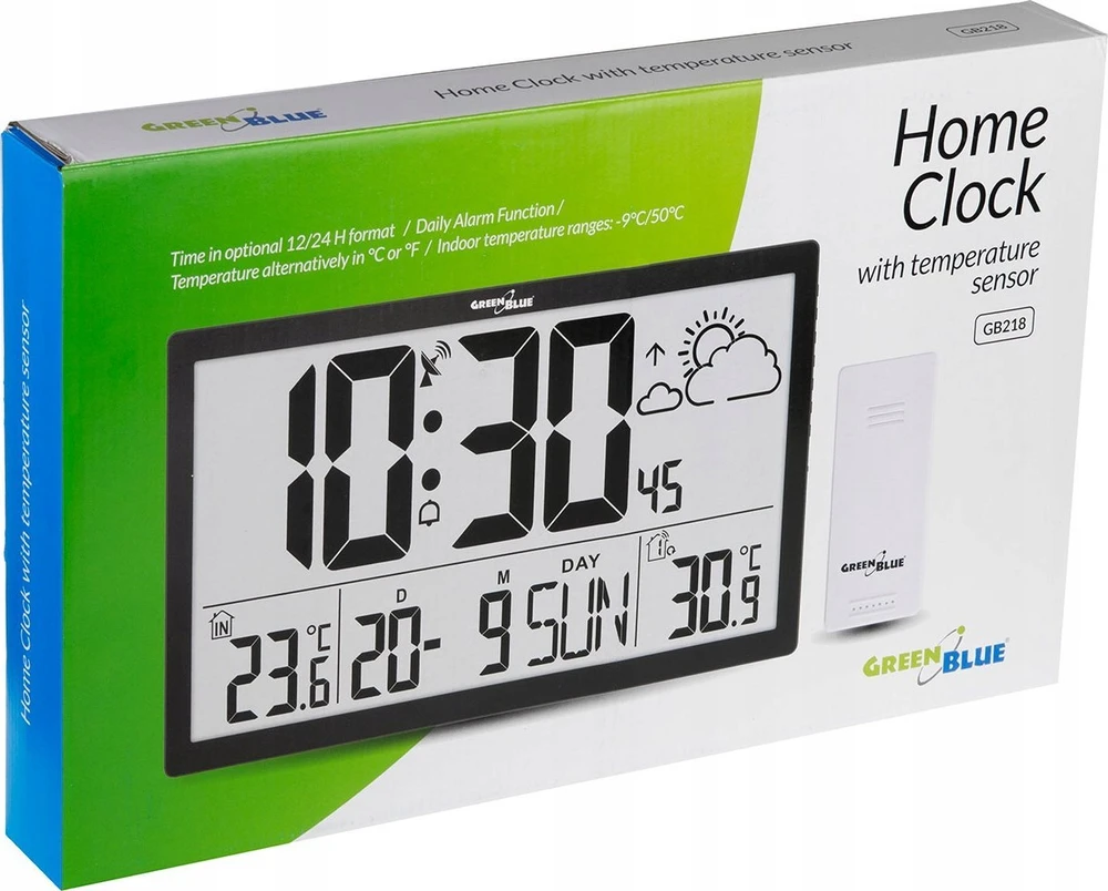 GreenBlue GB218 Extra Large LCD Sieninis laikrodis with Orų stotelė Temperature and Date Ekranas