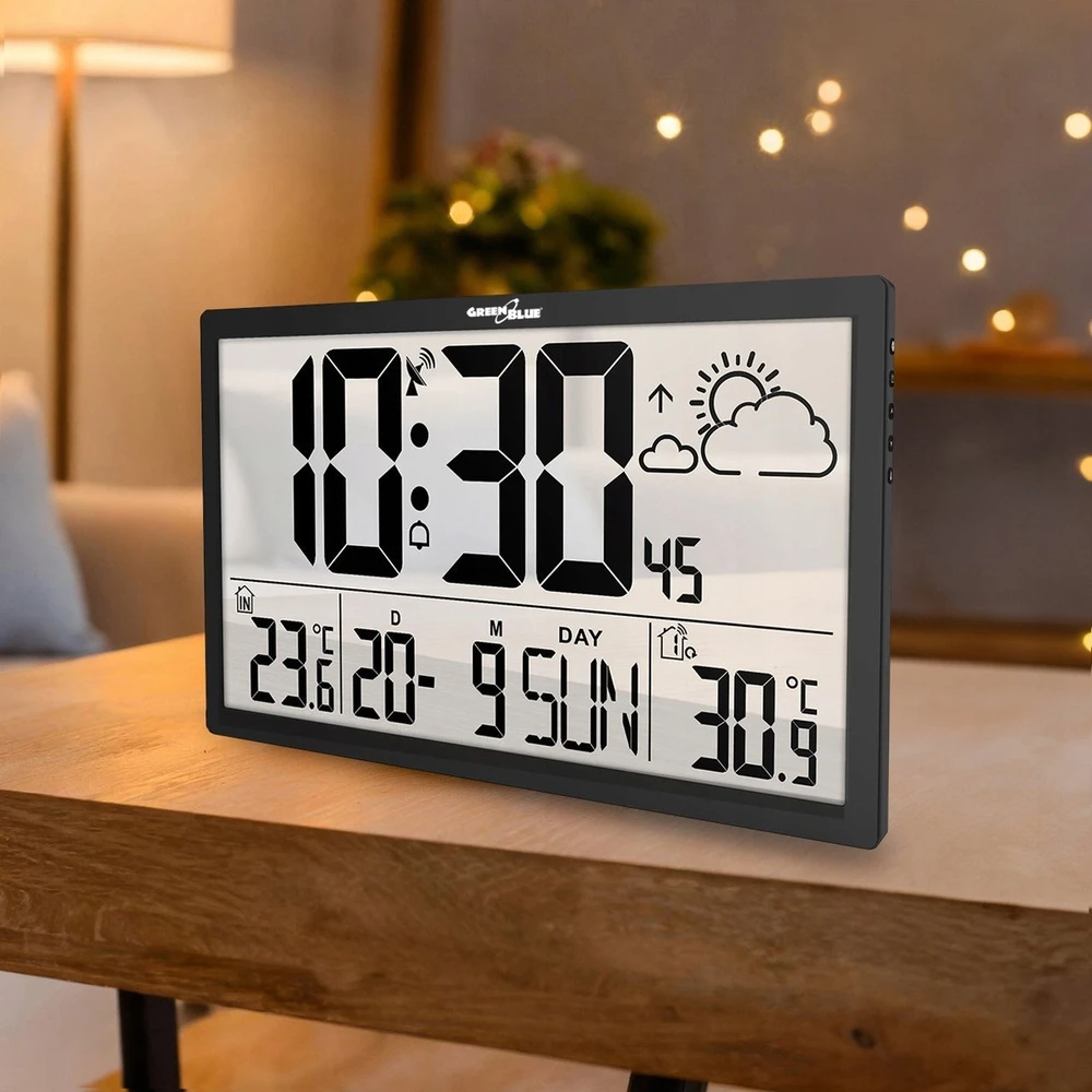 GreenBlue GB218 Extra Large LCD Sieninis laikrodis with Orų stotelė Temperature and Date Ekranas