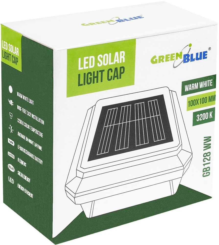 „GreenBlue“ saulės energija varomas LED stulpinis šviestuvas, 100 x 100 mm, voko formos stogelis, 3200 K, GB128 WW