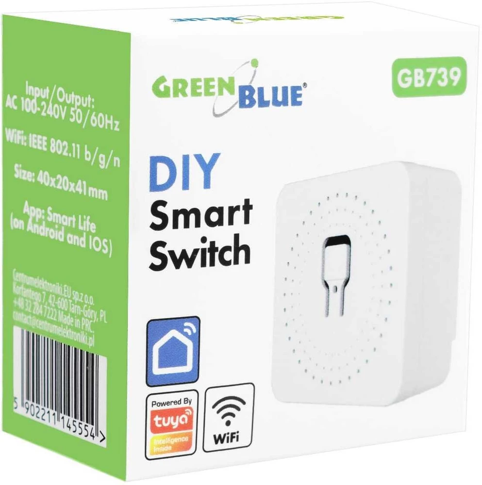 „GreenBlue“ įleidžiama „WiFi“ relė, skirta „Android“ / „iOS“ / „Alexa“ / „Google Home“, 100–240 V kintamoji srovė, 50/60 Hz, maks. 16 A, skirta 150 W šviesos diodams, GB739