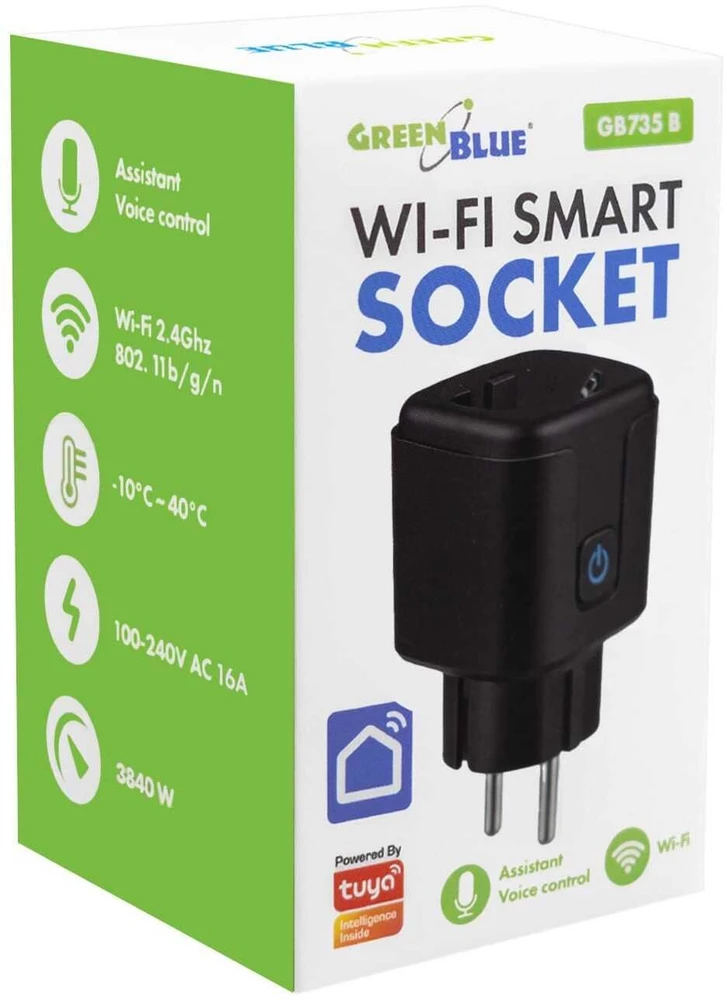 „GreenBlue“ nuotolinio valdymo „WiFi“ lizdas, „Android“ / „iOS“ / „Alexa“ / „Google Home“, laikmatis, vatmetras, maks. 16 A / 3840 W, GB735 W