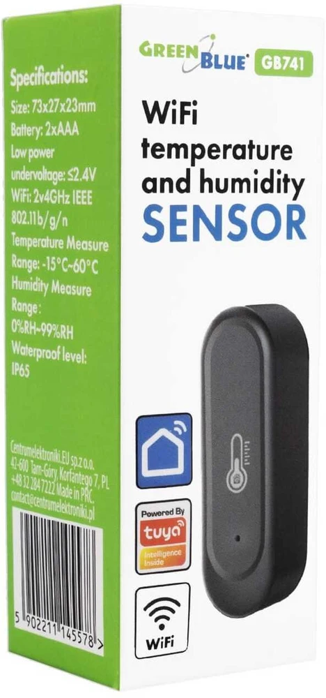 „GreenBlue“ lauko WiFi temperatūros ir drėgmės jutiklis, „Android“ / „iOS“, 3,0 V nuolatinė srovė, LR03x2, IP65, GB741