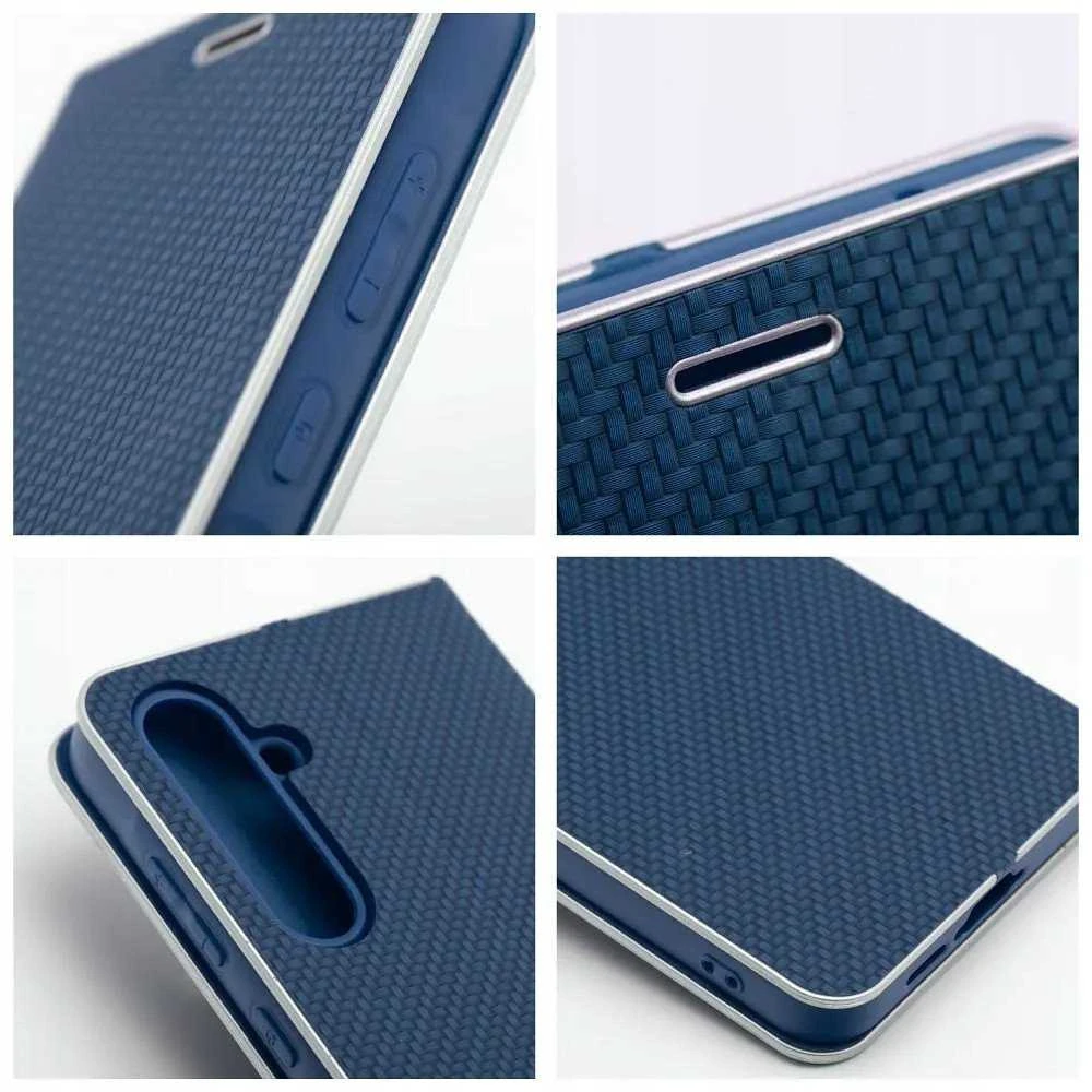 Dėklas Oem LUNA Book Carbon skirtas Xiaomi Redmi Note 14 4G (GLOBAL - 164,84mm x 78,15mm x 8,16mm) mėlynos spalvos