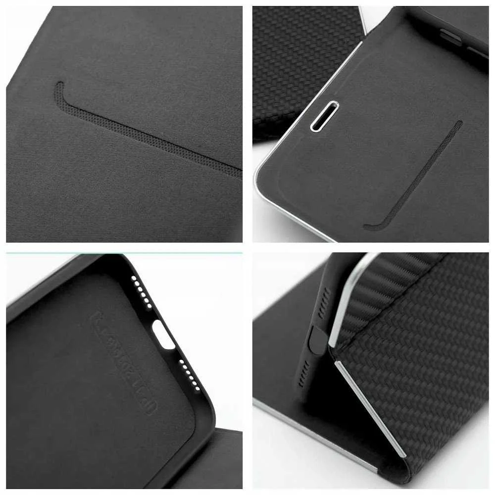 Dėklas Oem LUNA Book Carbon skirtas Xiaomi Redmi Note 14 4G (GLOBAL - 164,84mm x 78,15mm x 8,16mm) juodos spalvos