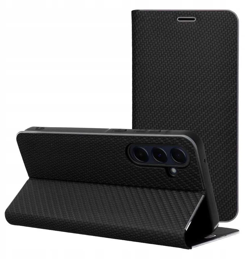 Dėklas Oem LUNA Book Carbon skirtas Xiaomi Redmi Note 14 4G (GLOBAL - 164,84mm x 78,15mm x 8,16mm) juodos spalvos
