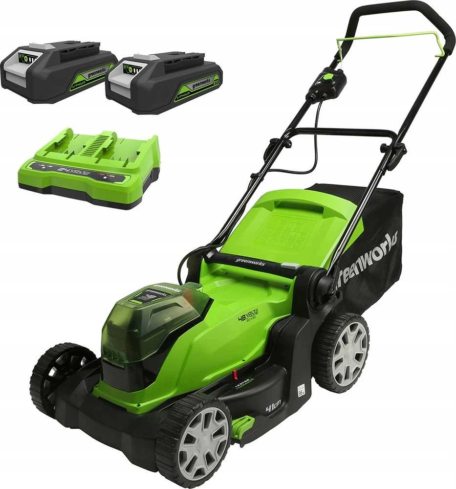 Akumuliatorinė vejapjovė Greenworks 2x24V Akumuliatorinė vejapjovė 41cm G24X2LM41K2x komplektas kroviklis dual + 2 aku 2Ah