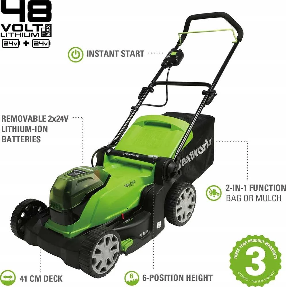 Akumuliatorinė vejapjovė Greenworks 2x24V Akumuliatorinė vejapjovė 41cm G24X2LM41K2x komplektas kroviklis dual + 2 aku 2Ah