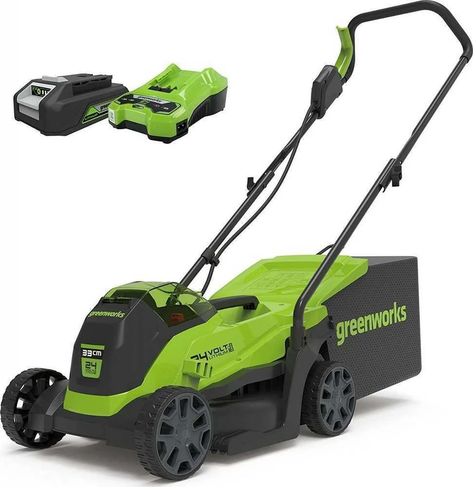 Greenworks gd24lm33K4 24V 33cm vejapjovė (su 4Ah akumuliatoriumi ir krovikliu)