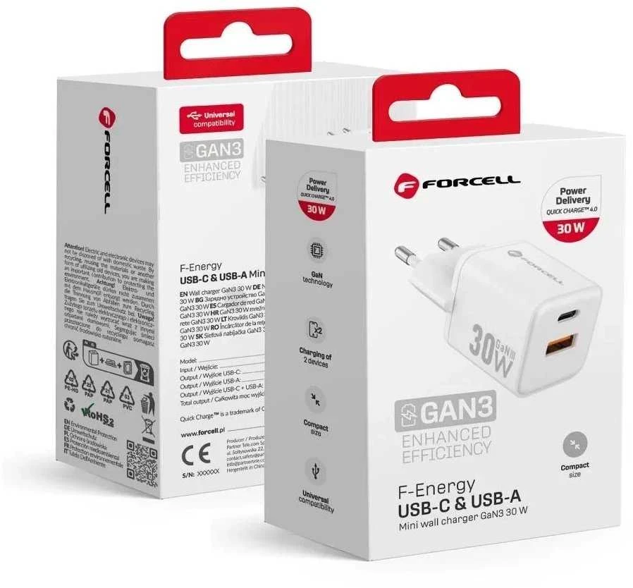 Telefono įkroviklis Forcell F-Energy Mini GaN III USB C + USB A QC4.0 PD 30W VT-35 baltas 0INT