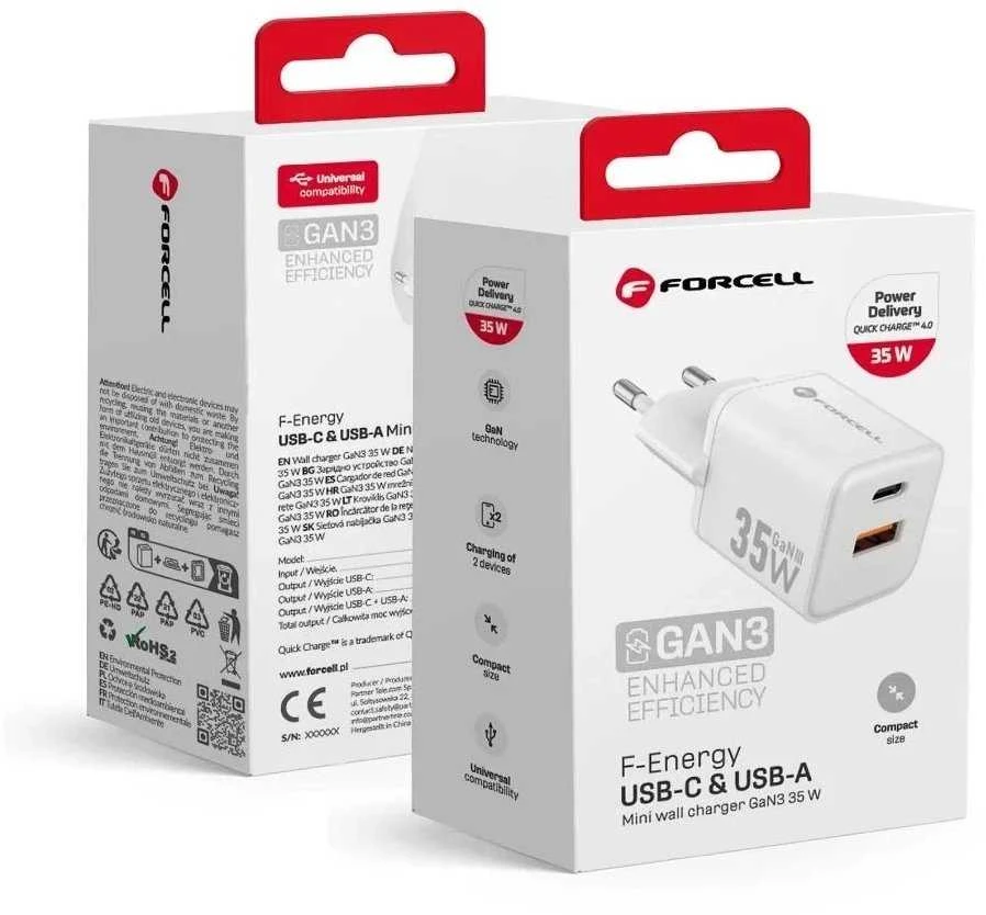 Telefono įkroviklis Forcell F-Energy Mini GaN III USB C + USB A QC4.0 PD 35W VT-35C baltas 0INT
