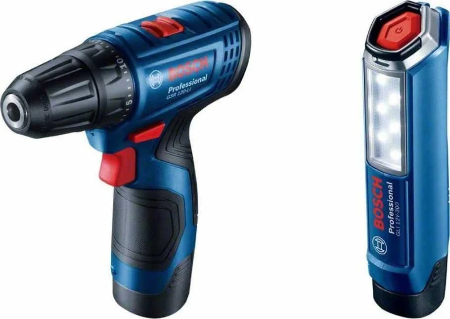BOSCH suktuvas - gręžtuvas GSR 120-LI 12V 30/14Nm 2x2,0Ah. lagaminas+ prožektorius GLI 12V-300