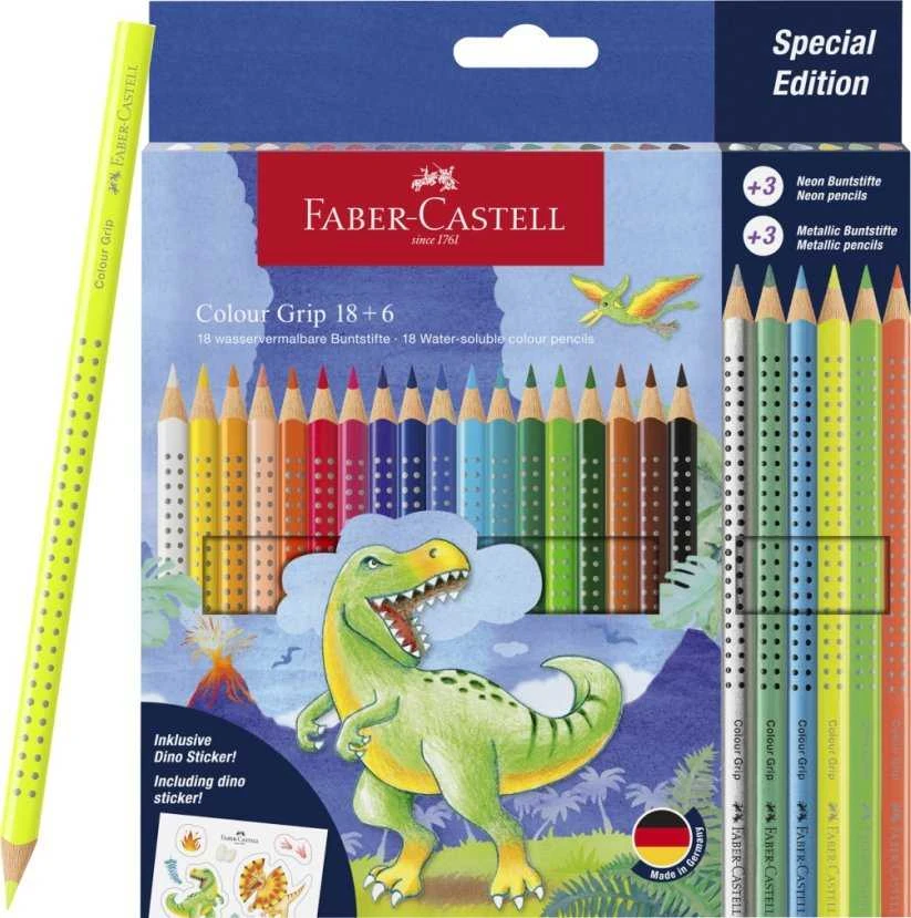 Spalvoti pieštukai Faber-Castell Colour Grip Dinozaurai, 18 + 3 neoninės ir 3 metalo spalvos