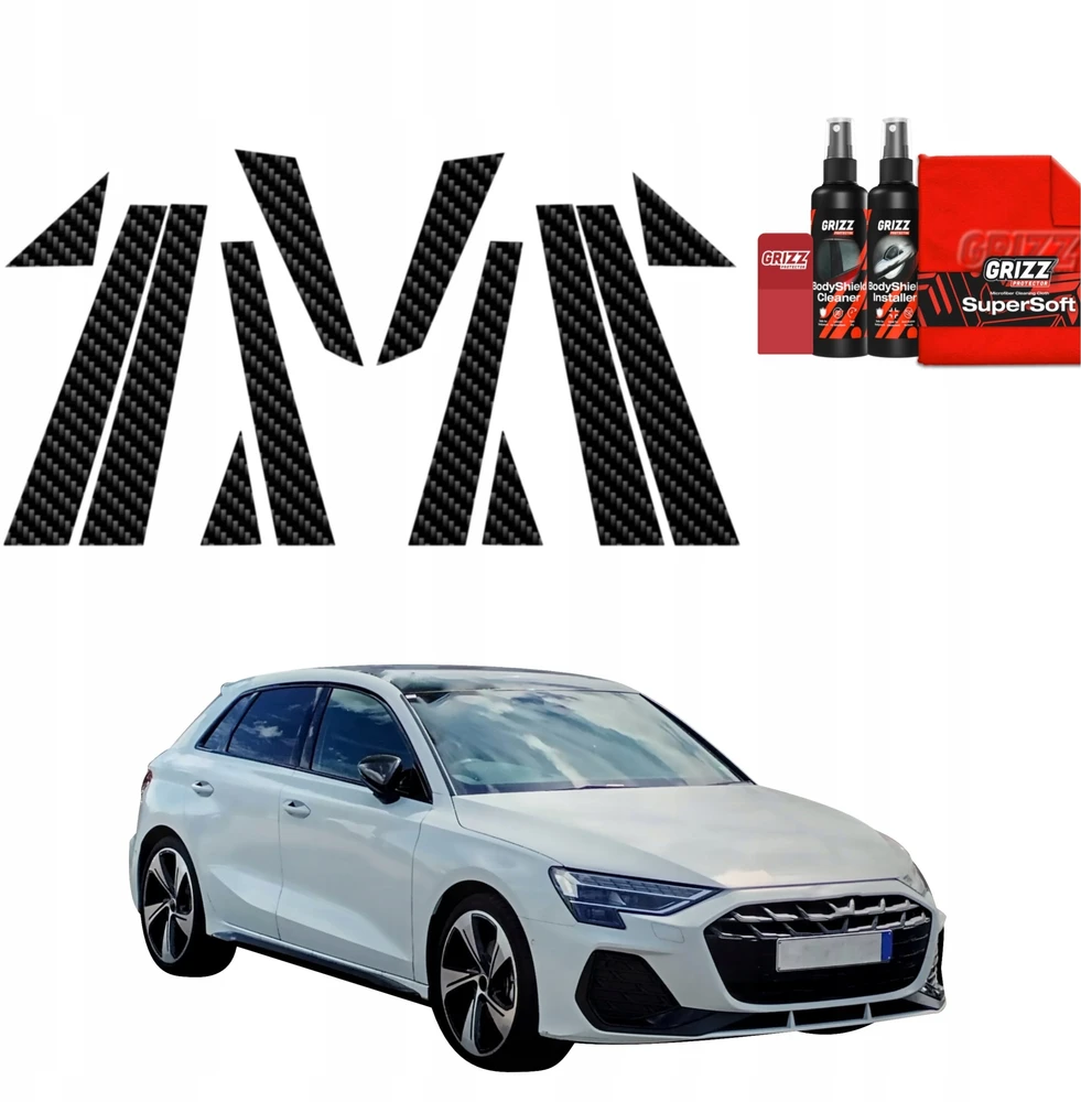 GrizzGlass Plėvelė ant statramsčių GrizzGlass BodyShield Carbon, skirta Audi A3 8Y Hatchback 5D (2024-2026) [12w1]