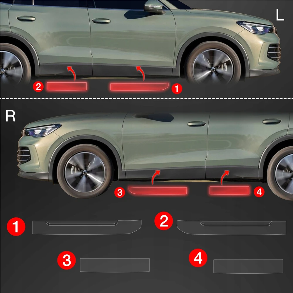 GrizzGlass Apsauginė plėvelė ant slenksčių be užklotų GrizzGlass BodyShield, skirta Volkswagen VW Tiguan 3 (2024-2025) [4w1]