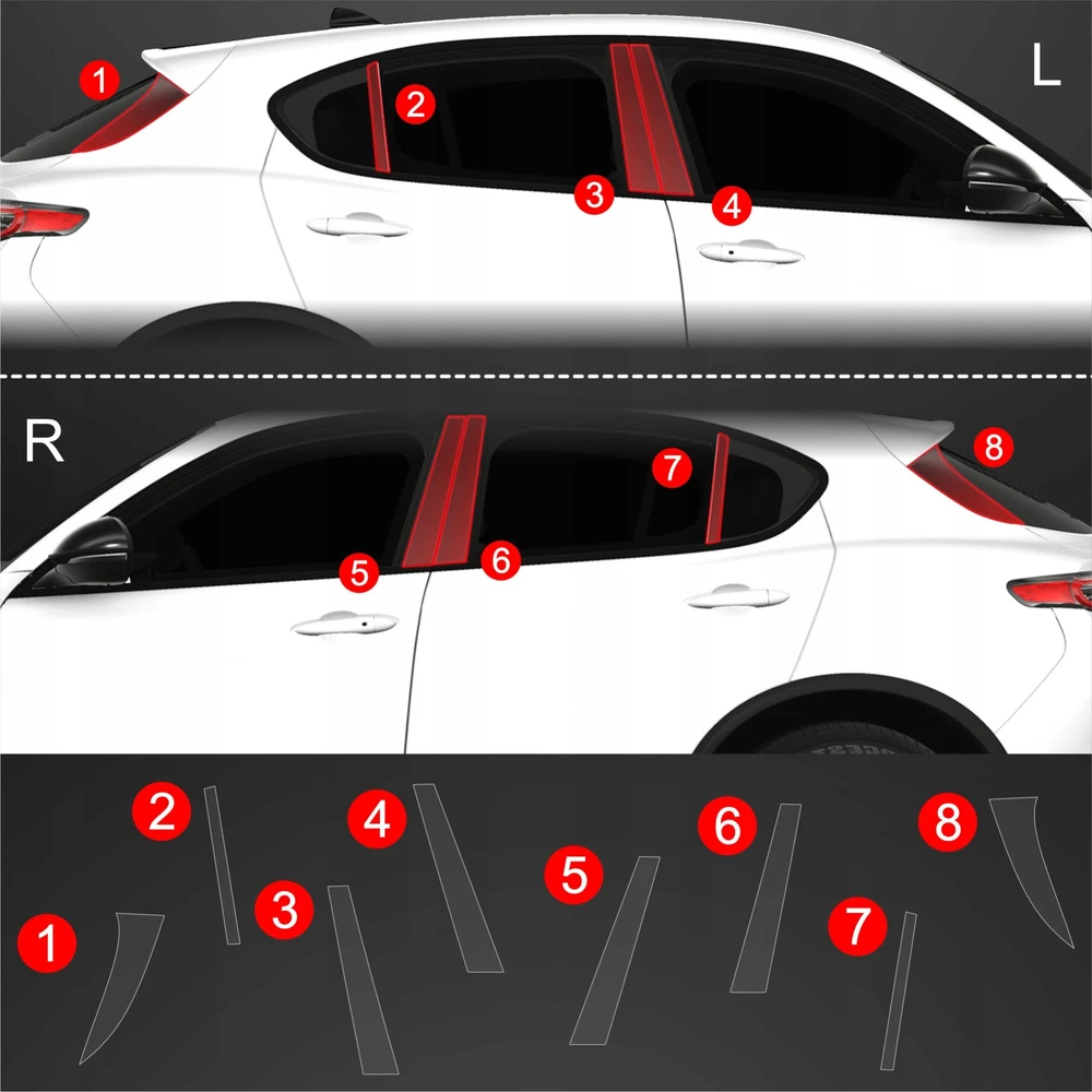 GrizzGlass Apsauginė plėvelė stulpams GrizzGlass BodyShield, skirta Alfa Romeo Stelvio (2023-2025) [8w1]