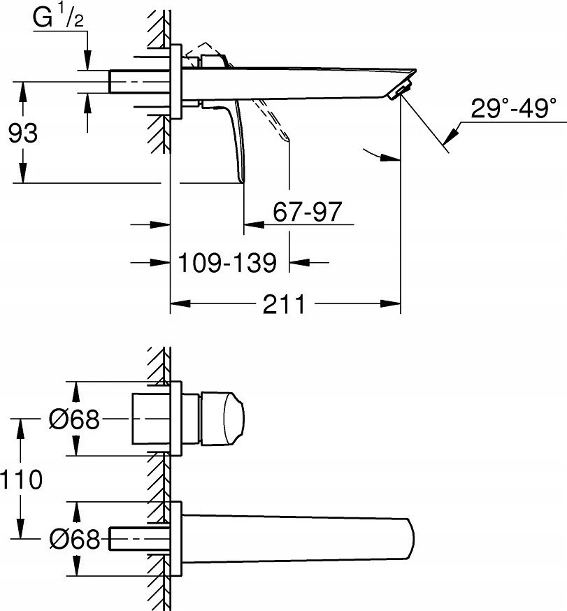 Grohe izlietnes maisītāja Eurosmart virsapmetuma daļa, 2MC, iztece 211 mm, no sienas, matēta melna