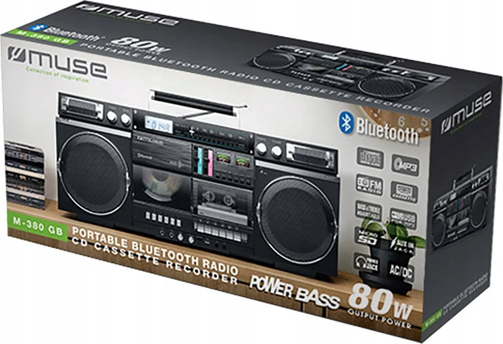 Muzikinis centras Muse | Ghetto Blasters | M-380 GB | AUX in | Bluetooth | Cassette deck | CD grotuvas | Juodas