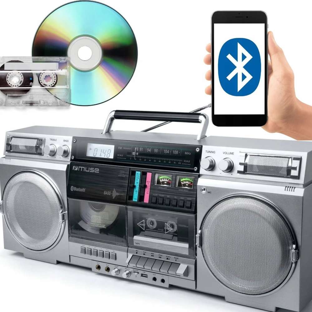 „Muse“ | „Ghetto Blasters“ | M-380 GBS | AUX įvestis | „Bluetooth“ | Kasečių grotuvas | CD grotuvas