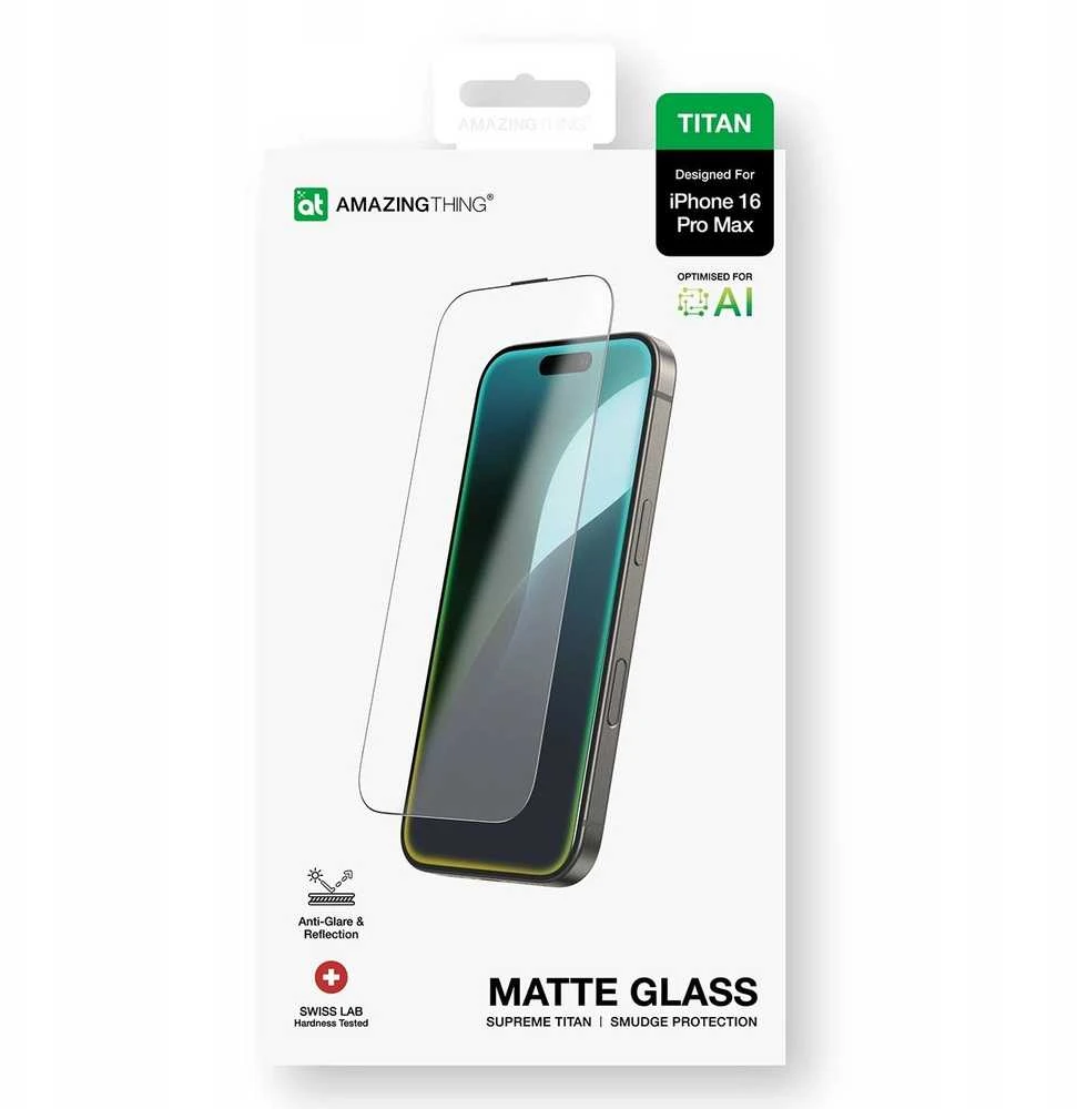 „AmazingThing“ titano matinis grūdintas stiklas, skirtas „iPhone 16 Pro Max“.