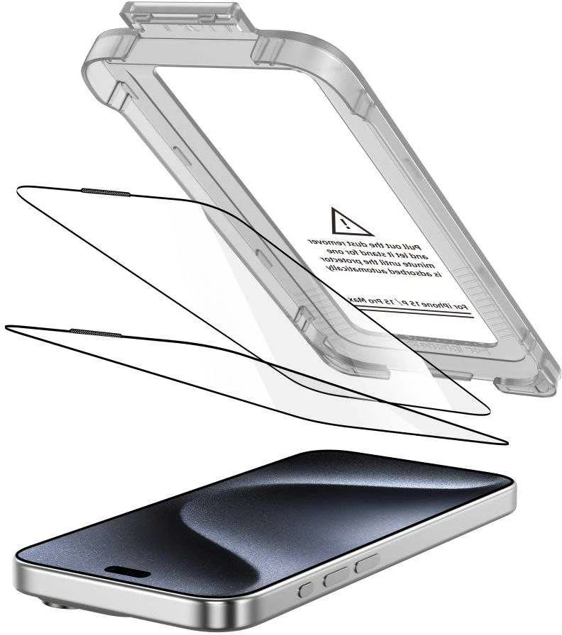 „Tech-Protect Quick Set+“ 2 grūdinto stiklo pakuotė, skirta „iPhone 15 Pro“ - juodas