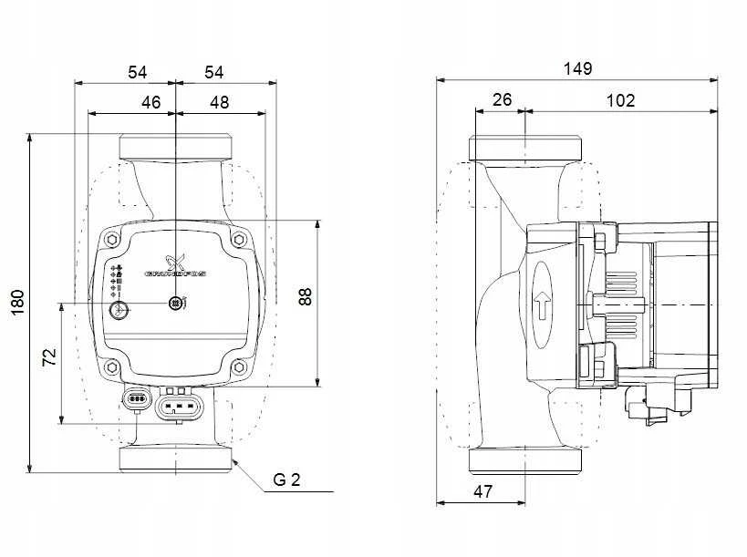 Grundfos ALPHA1 L techninis brėžinys su matmenimis